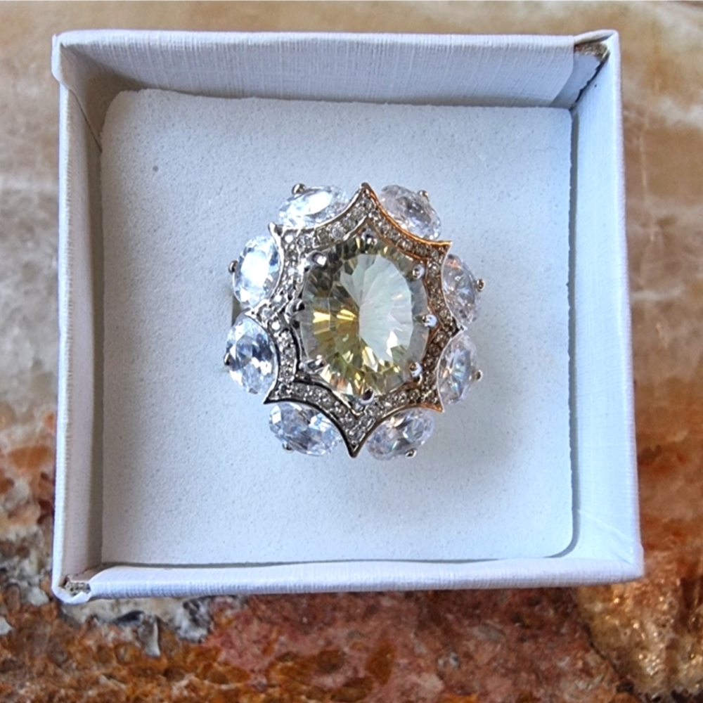 Elegant Sterling Silver Citrine and Clear Cz Multi-Stone Ring